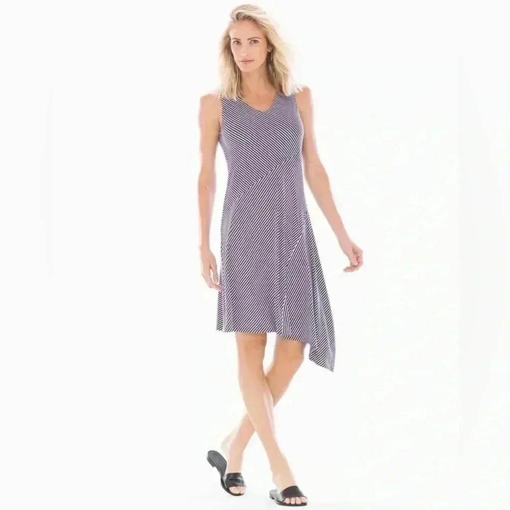 NWT SOMA Asymmetrical Hem Midi Dress Stocking Stripe‎ Maritime Medium